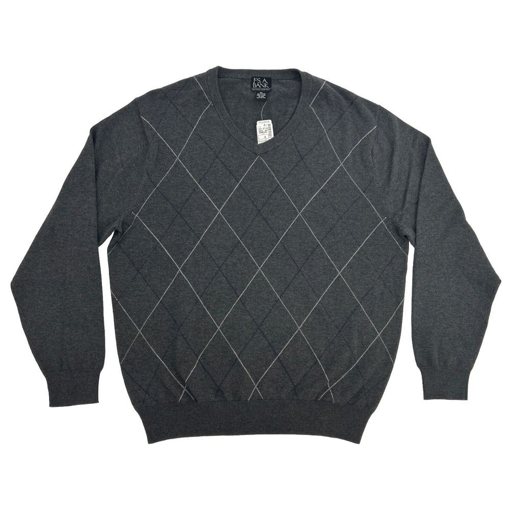 Jos A Bank Executive Collection Sweater Men's XL Gray Argyle Pullover V-Neck NEW